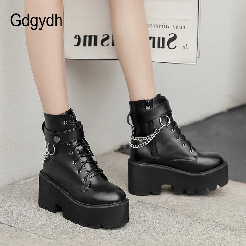 Gdgydh New Sexy Chain Women Leather Autumn Boots Block Heel Gothic Black Punk Style Platform Shoes Female Footwear High Quality