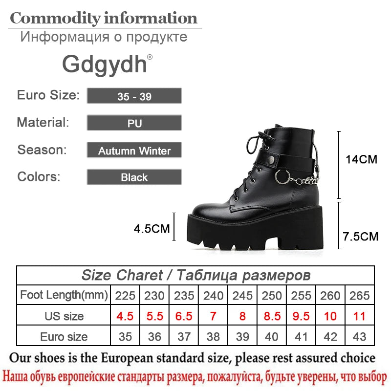 Gdgydh New Sexy Chain Women Leather Autumn Boots Block Heel Gothic Black Punk Style Platform Shoes Female Footwear High Quality