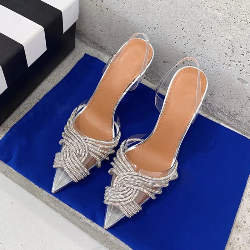 Brand 10cm Thin High heels Women Sandals Fashion Transparent PVC Rhinestone Slingbacks Gladiator Sandals Summer Party Prom Shoes