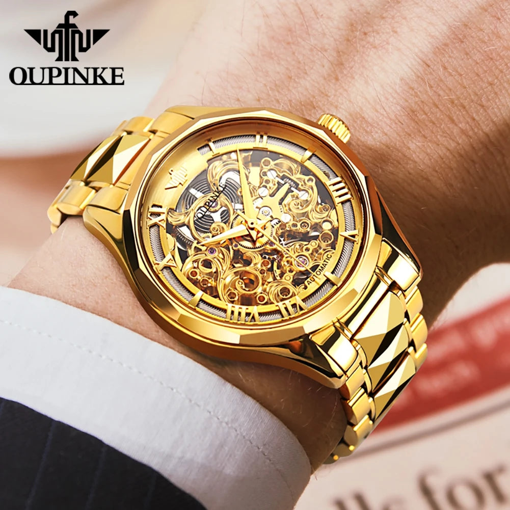 OUPINKE 3168 Luxury Swiss Mechanical Watch – Elegance & Precision in Gold Tungsten Steel!