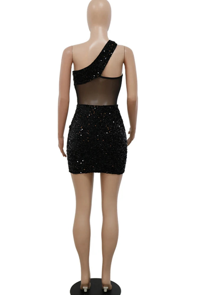 Beyprern Glitter Single Shoulder Sheer Mesh Sequins Short Dress Glam Black Sequins Party Dress Female Robes Sexy Clubwear