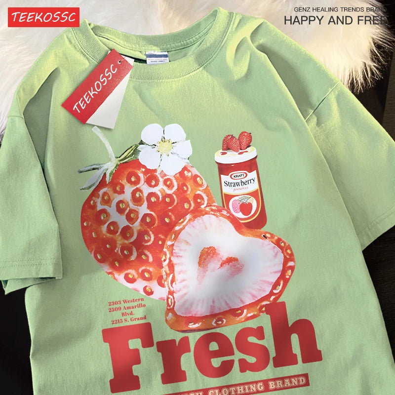 Fresh Strawberry American Retro Creative Printed Short Sleeved T-shirt Men Women Trendy Brand Loose Versatile Half Sleeved Shirt