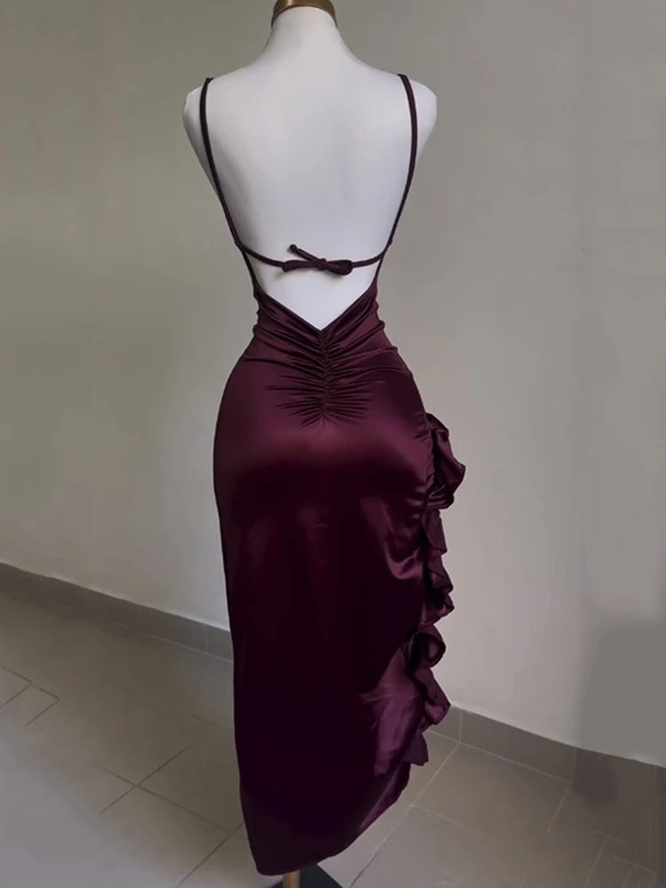 Sexy Satin Bodycon Long Dress Women Vintage Backless Strapless Ruffles Fork Party Club Elegant Evening Dresses Female Vestidos