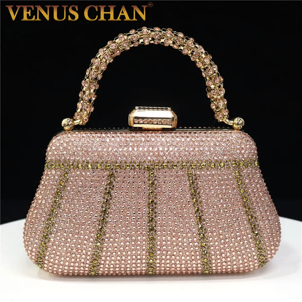 Popular In Nigeria Exquisite Evening Bags With Diamond Design Fashion Handle Clutch Rhinestone Embellished Long Chain Bag