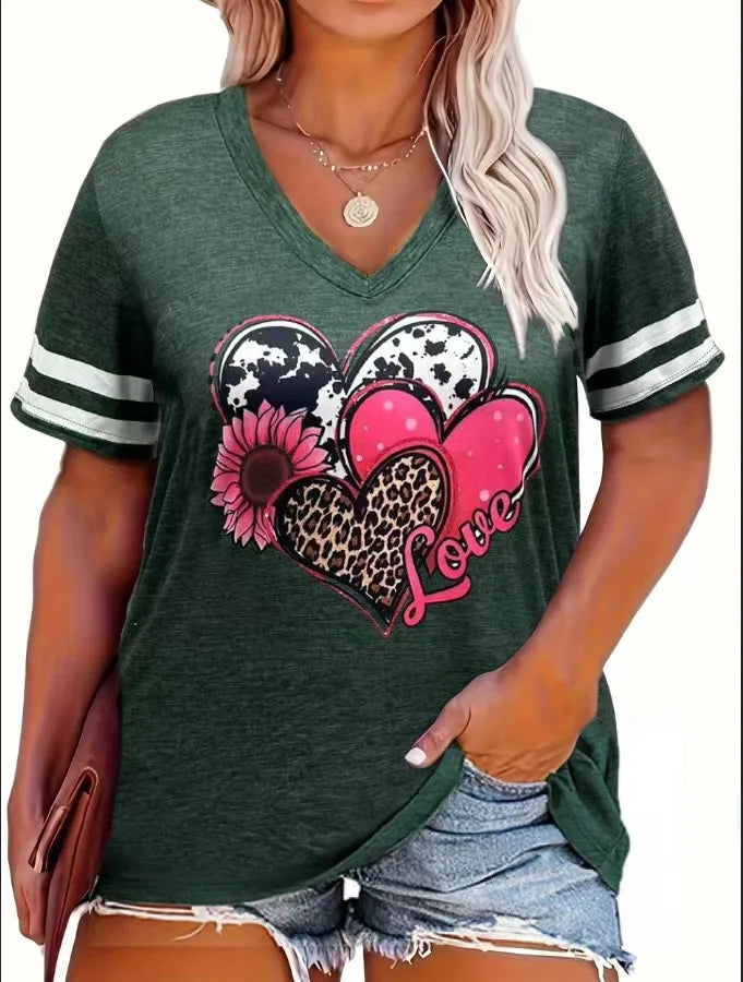 2024 Plus Size Spring/Summer New Love Print Casual Fashion Women's V-Neck Short-Sleeved Loose T-Shirt 5XL  6XL