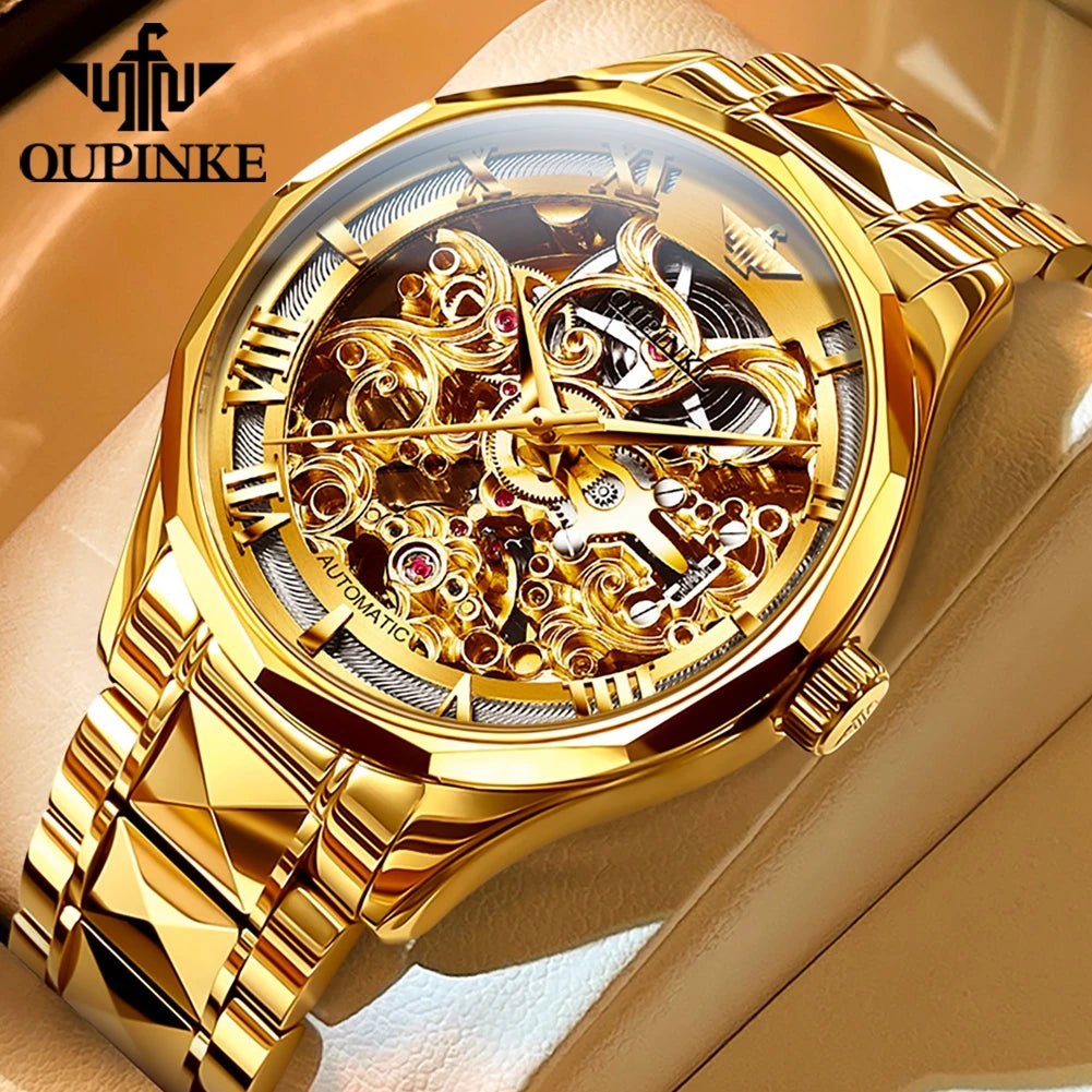 OUPINKE 3168 Luxury Swiss Mechanical Watch – Elegance & Precision in Gold Tungsten Steel!