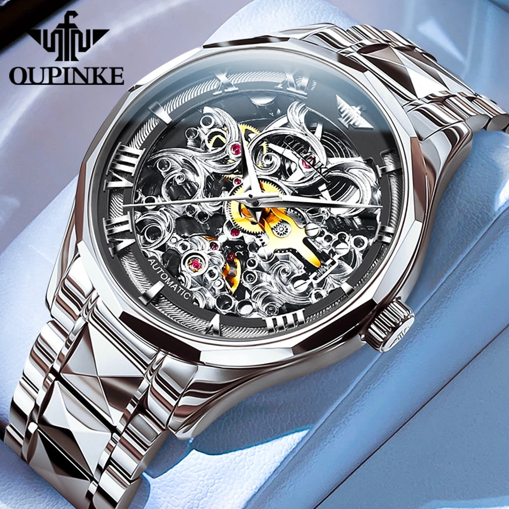 OUPINKE 3168 Luxury Swiss Mechanical Watch – Elegance & Precision in Gold Tungsten Steel!