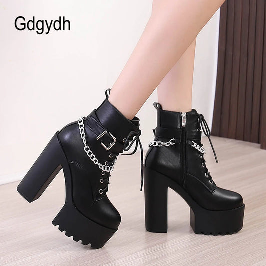 Gdgydh Gothic Buckle Strap Ankle Boots Women Faux Leather Platform Block Chunky Heels Chain Ultra High Heels Motorcycle Boots