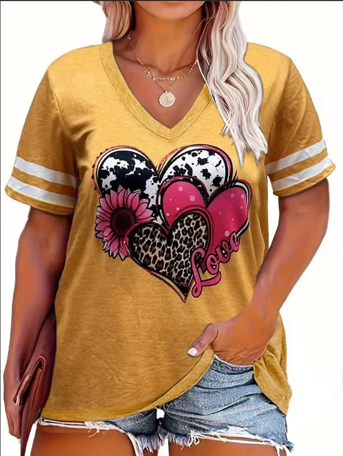 2024 Plus Size Spring/Summer New Love Print Casual Fashion Women's V-Neck Short-Sleeved Loose T-Shirt 5XL  6XL