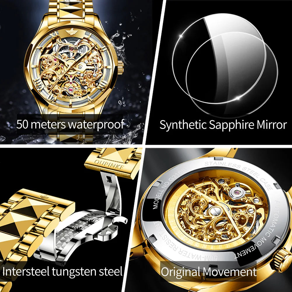 OUPINKE 3168 Luxury Swiss Mechanical Watch – Elegance & Precision in Gold Tungsten Steel!