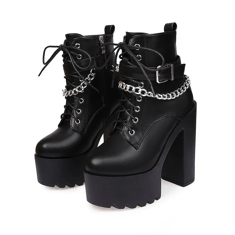 Gdgydh Gothic Buckle Strap Ankle Boots Women Faux Leather Platform Block Chunky Heels Chain Ultra High Heels Motorcycle Boots