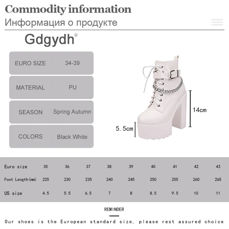 Gdgydh Gothic Buckle Strap Ankle Boots Women Faux Leather Platform Block Chunky Heels Chain Ultra High Heels Motorcycle Boots