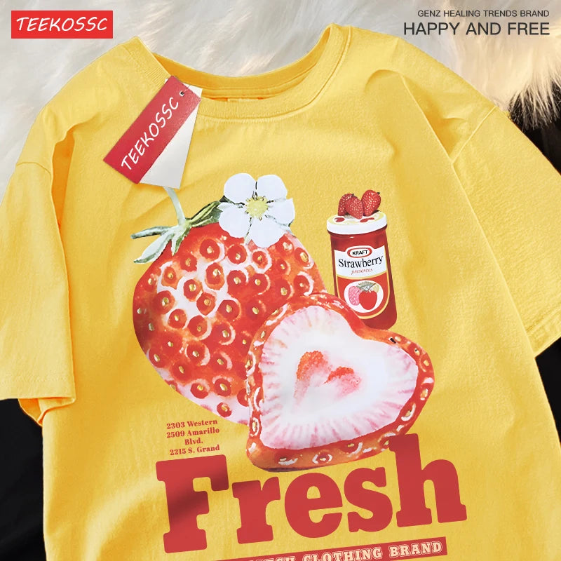 Fresh Strawberry American Retro Creative Printed Short Sleeved T-shirt Men Women Trendy Brand Loose Versatile Half Sleeved Shirt