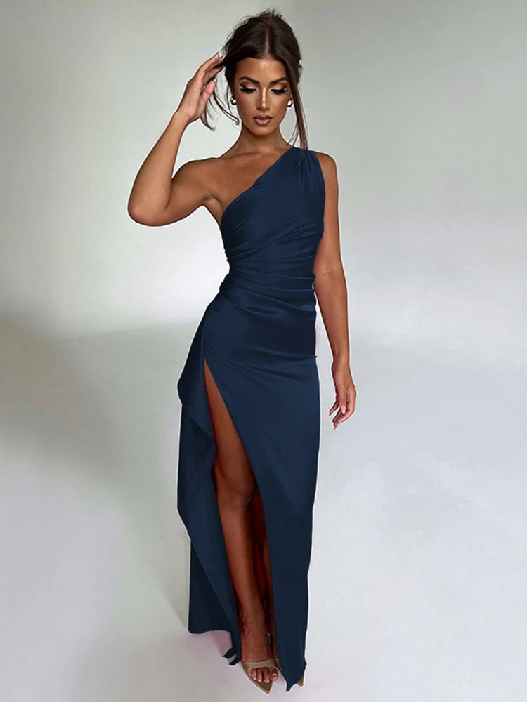 Summer Sexy One Shoulder Satin Long Dress for Women Sleeveless Backless High Split Party Evening Dresses Elegant Cocktail Dress