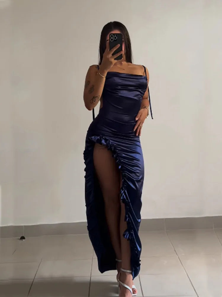 Sexy Satin Bodycon Long Dress Women Vintage Backless Strapless Ruffles Fork Party Club Elegant Evening Dresses Female Vestidos