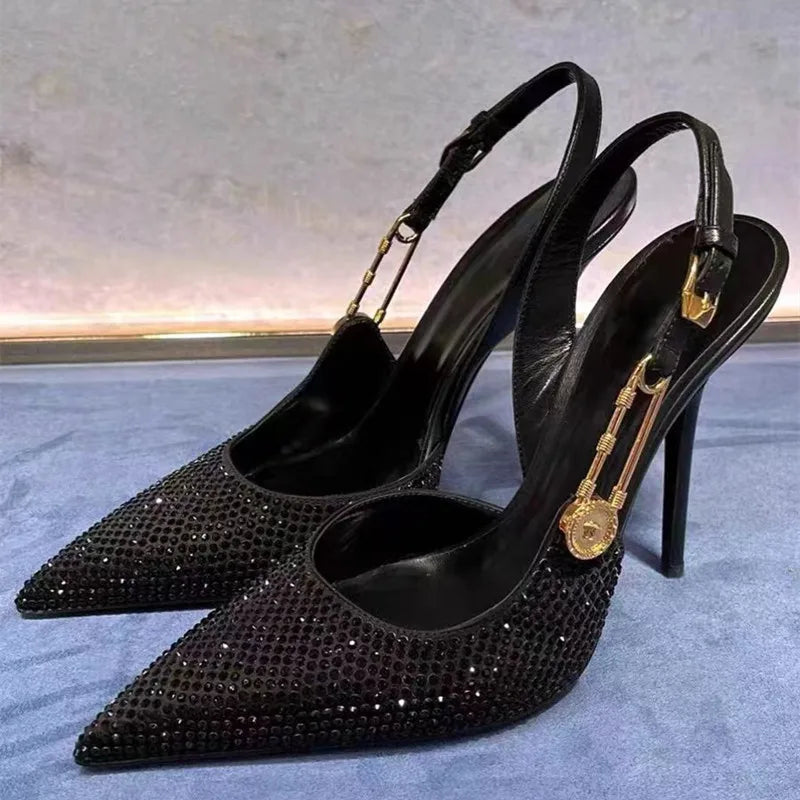 Luxury Rhinestones Sequined Buckle Women Pumps Elegant Pointed toe Slingbacks Stiletto High heels Spring Summer Fashion Shoes