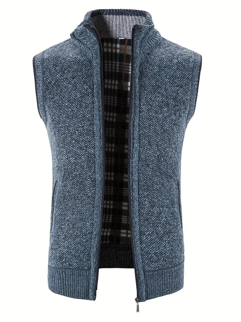 Man Winter Sweater Solid Color Vest Leisure And Comfortable Warm Zippered Stand Up Collar Sleeveless Vest