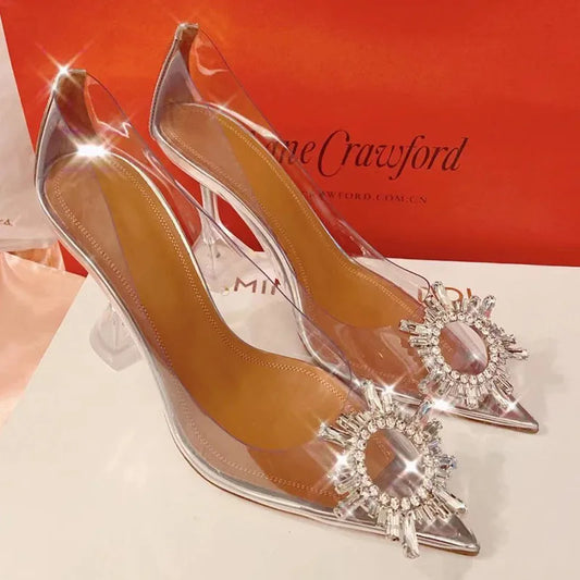 Star style Crystal Sunflower Transparent PVC Women Pumps Luxury Rhinestones High heels Wedding Prom Summer Office Lady Shoes