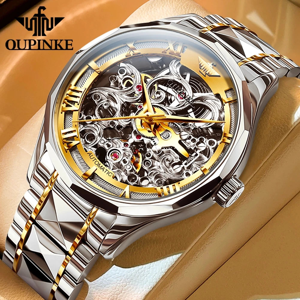 OUPINKE 3168 Luxury Swiss Mechanical Watch – Elegance & Precision in Gold Tungsten Steel!