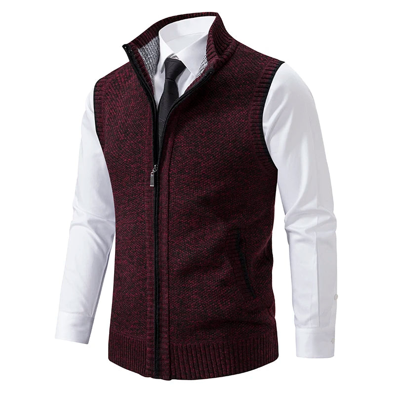 Autumn Winter Knit Vests Men Stand Collar Solid Color Knitted Sleeveless Sweatercoat Man Zipper Vest Cardigan Knitting Waistcoat