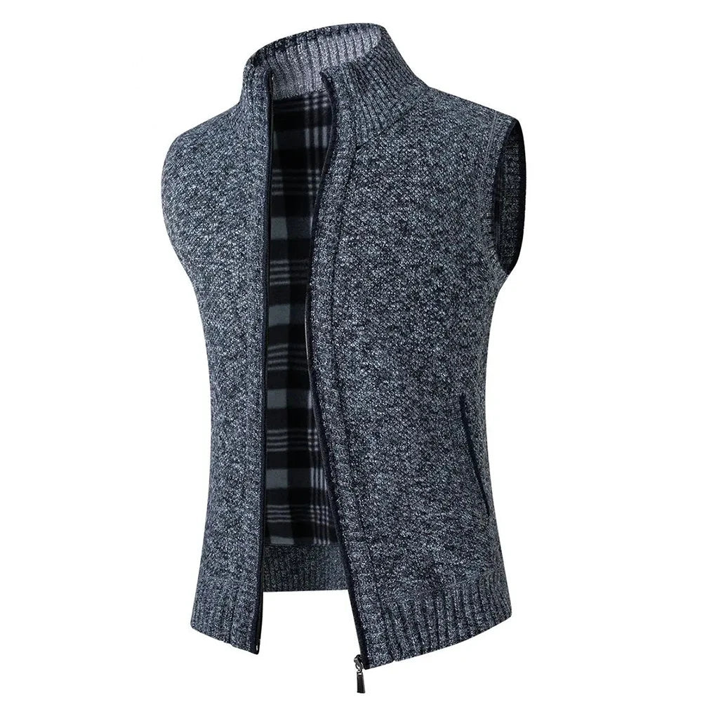 Man Winter Sweater Solid Color Vest Leisure And Comfortable Warm Zippered Stand Up Collar Sleeveless Vest