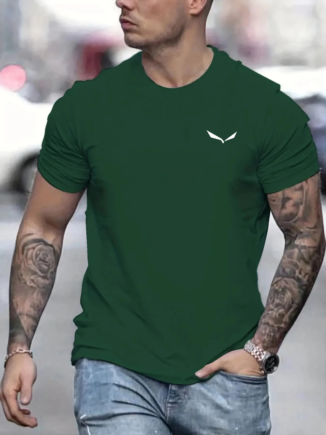 Men's Summer Loose Size 100% Cotton Bird Print Slim Fit Casual Round Neck Short Sleeve T-shirt Top