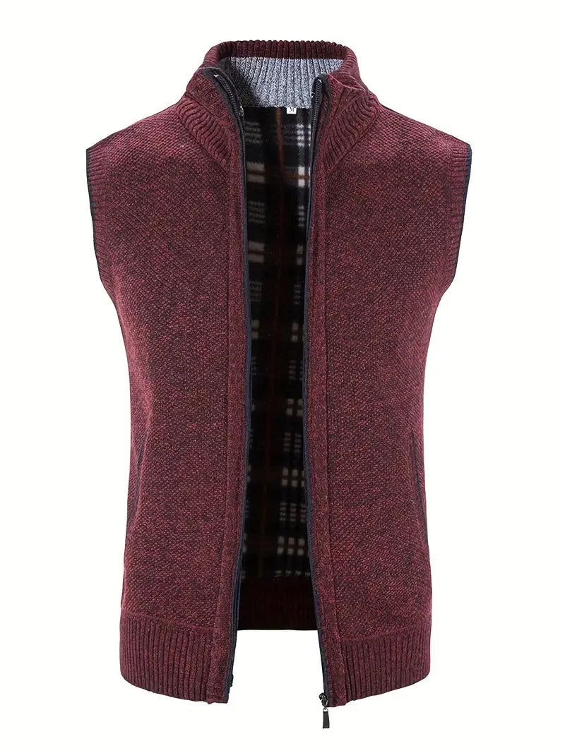 Man Winter Sweater Solid Color Vest Leisure And Comfortable Warm Zippered Stand Up Collar Sleeveless Vest