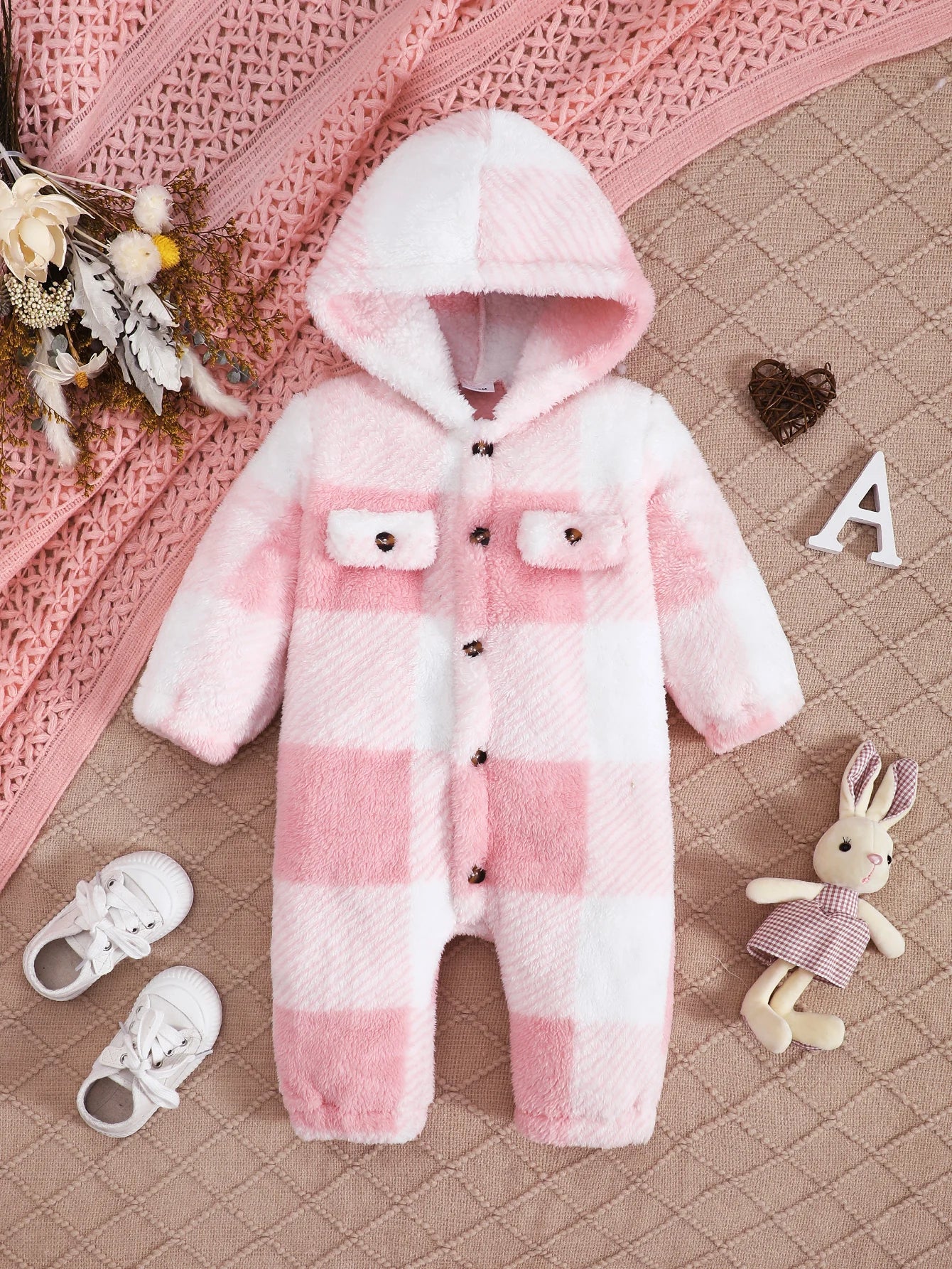 Baby Boys and Girls Plaid Romper Hooded Long Sleeved Plush Jumpsuit Winter Warm Bodysuit Clothes for 3-24 Months Toddler Boy