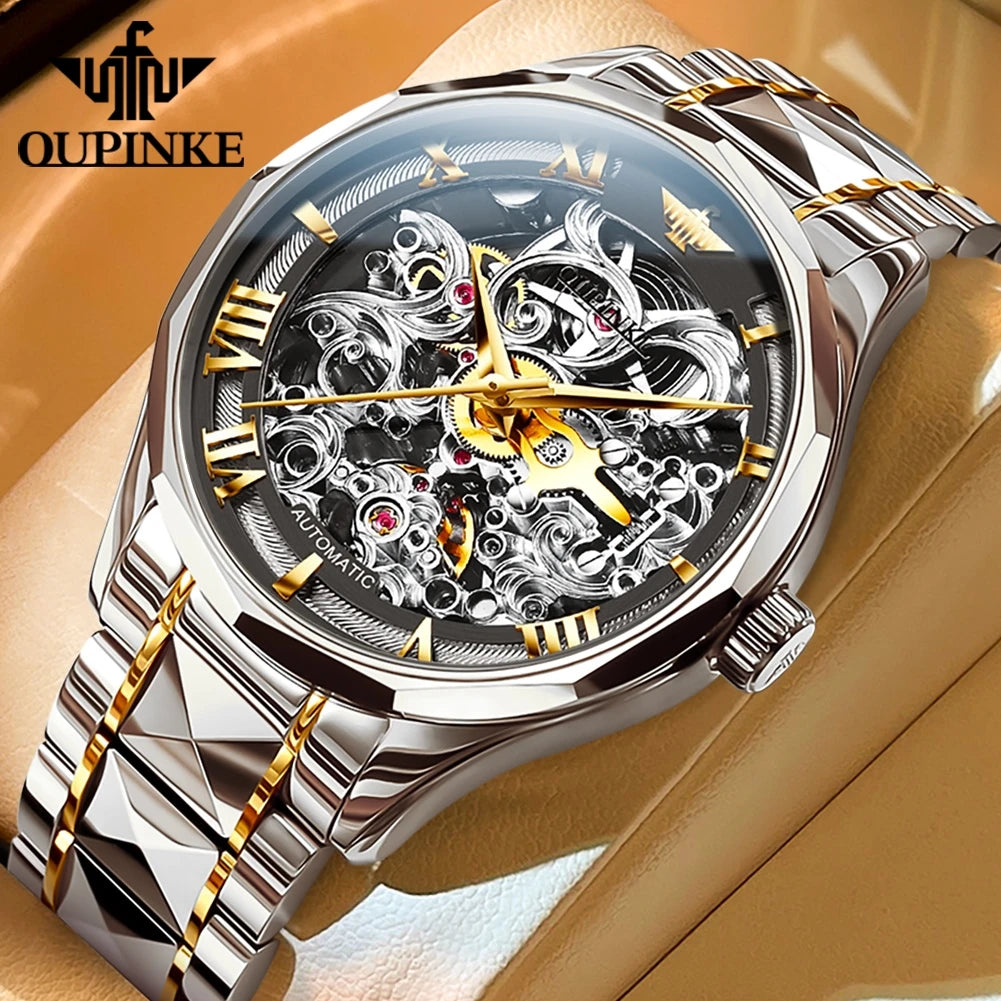 OUPINKE 3168 Luxury Swiss Mechanical Watch – Elegance & Precision in Gold Tungsten Steel!