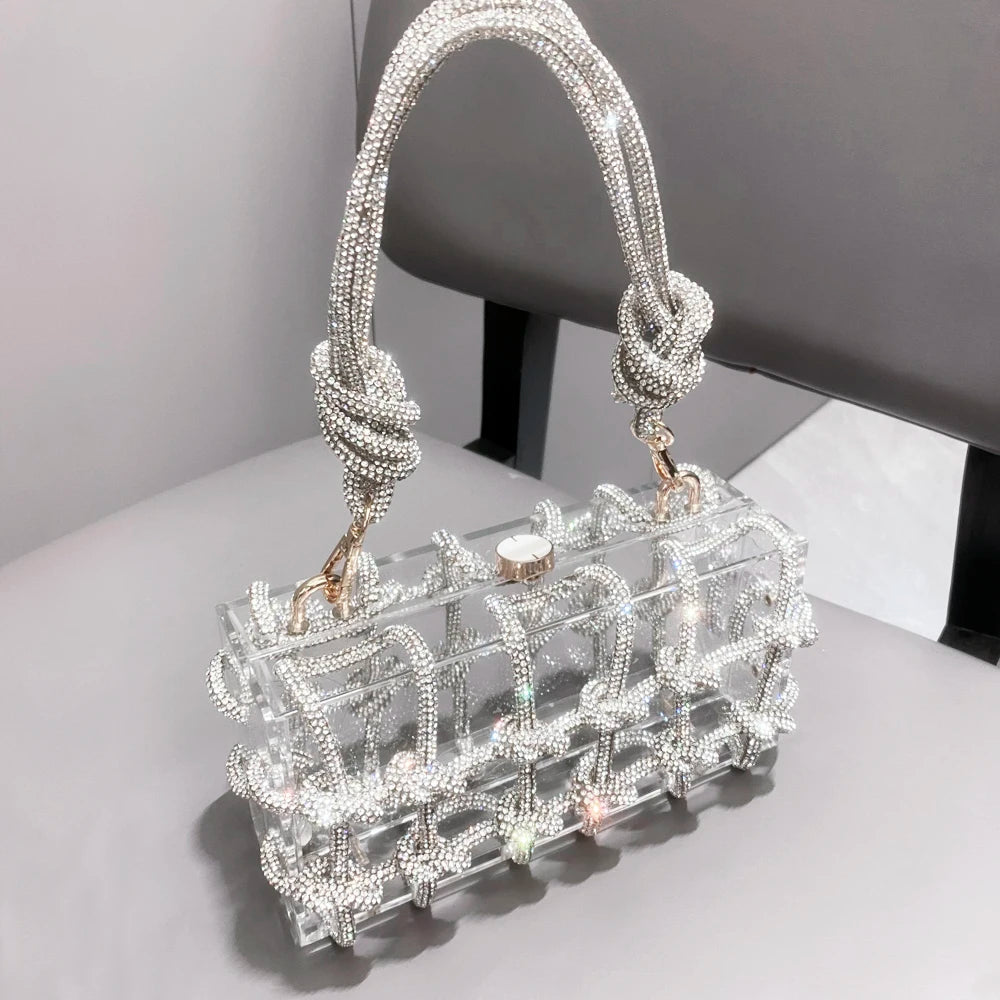 Handle Rhinestones Evening bag silver Crystal handmade Bags for Women Purses and Handbags Luxury Designer banquet bag