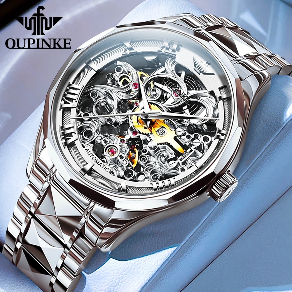 OUPINKE 3168 Luxury Swiss Mechanical Watch – Elegance & Precision in Gold Tungsten Steel!