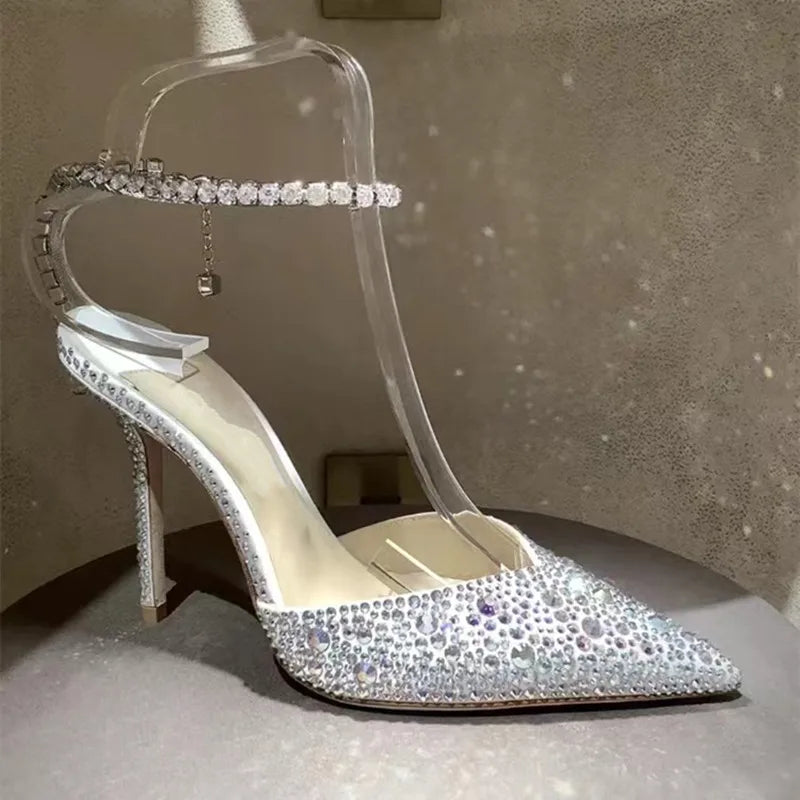 Luxury Rhinestones Sequined Ankle Strap Women Pumps Elegant Stiletto High heels Spring Summer Fashion Crystal Wedding Prom Shoes