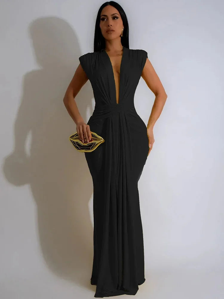 Elegant Ruched Bodycon Maxi Dresses for Women Birthday Night Party Evening Prom Deep V-neck Sheath Celebrity Formal Long Dress