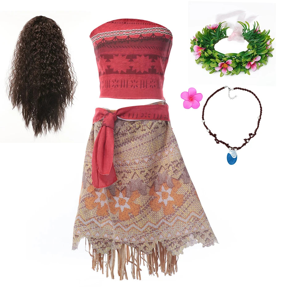 Moana Cosplay Costume Vaiana Adventure Summer Girls Beach Dresses Kids Chirismas Party Clothes With Wig Necklace