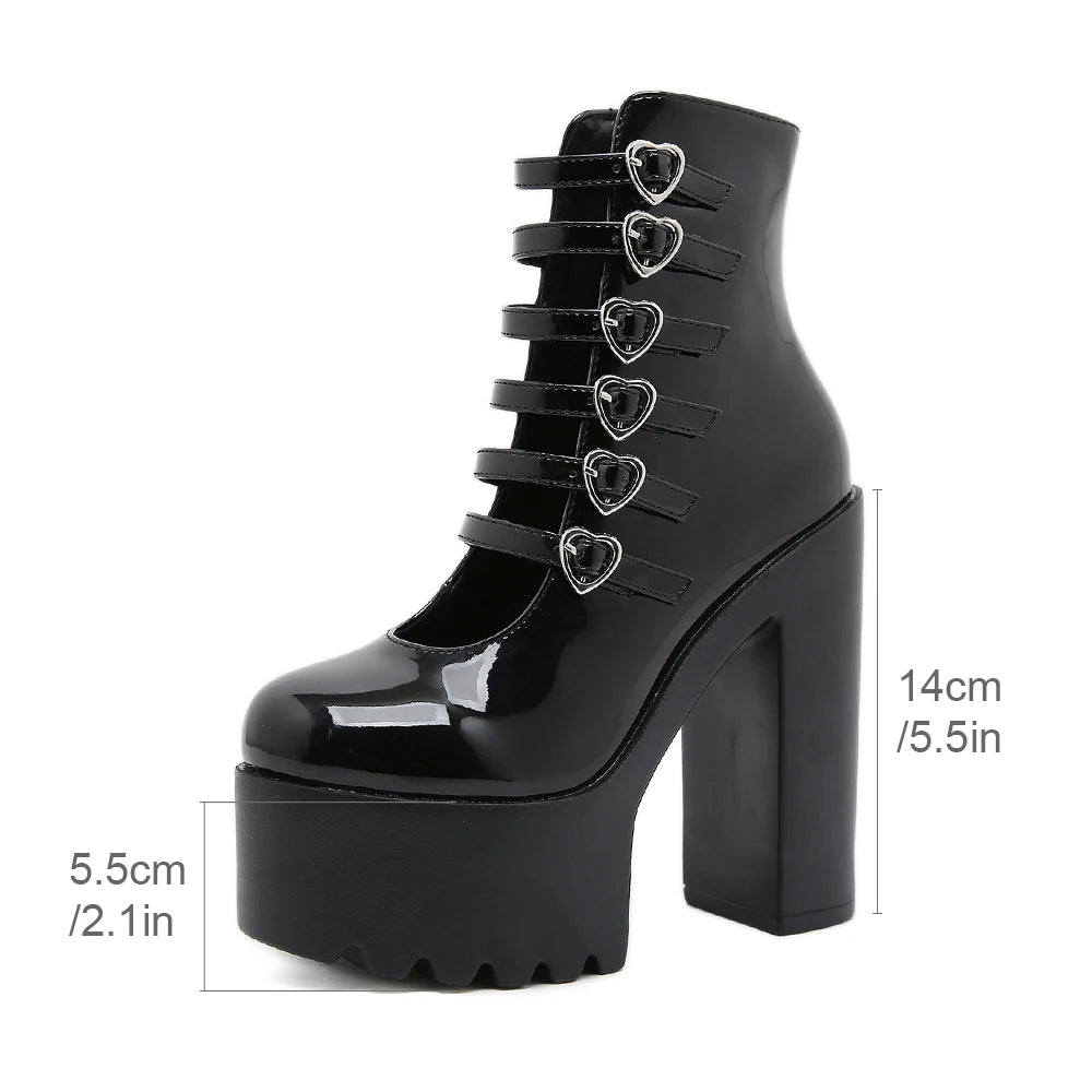 Gdgydh Block Heels Pumps for Women Fashion Multi Buckle Strap Heart Design Dress Shoes Side Zipper High Heels Mary Jane Shoes