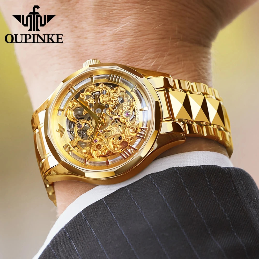 OUPINKE 3168 Luxury Swiss Mechanical Watch – Elegance & Precision in Gold Tungsten Steel!