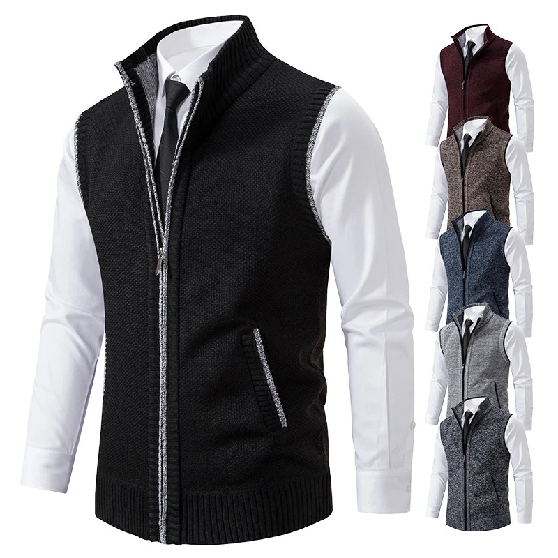 Autumn Winter Knit Vests Men Stand Collar Solid Color Knitted Sleeveless Sweatercoat Man Zipper Vest Cardigan Knitting Waistcoat