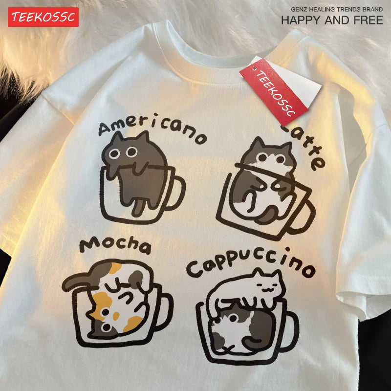 Cat Coffee Pure Cotton Trendy Summer Loose Short Sleeved T-shirt Men Women Original Mocha Latte Cat Three Flowers Fun Cat Tees