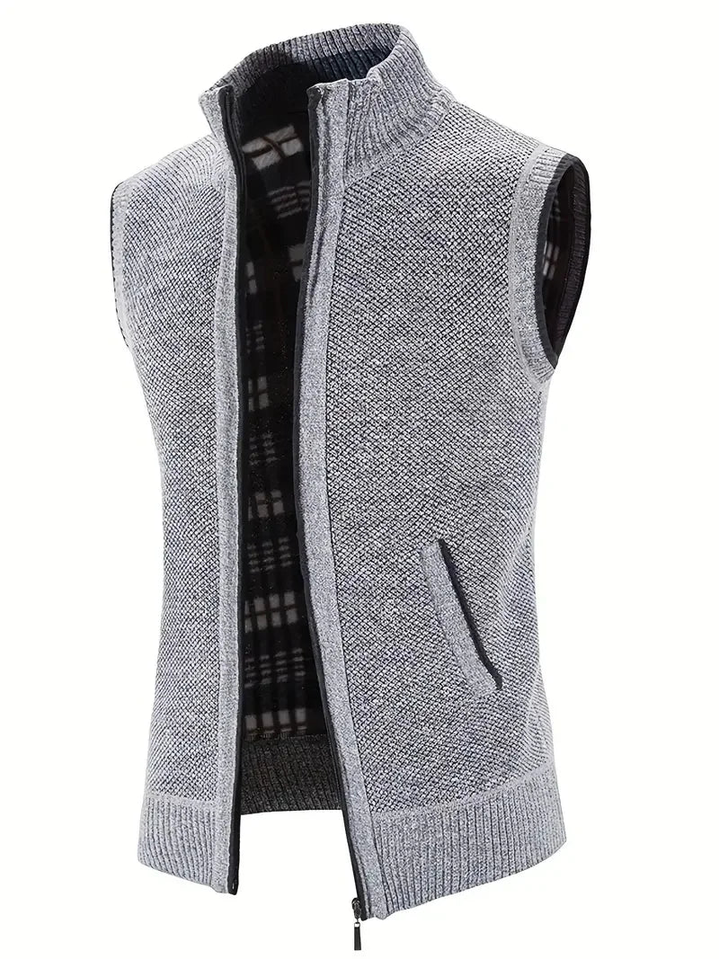 Man Winter Sweater Solid Color Vest Leisure And Comfortable Warm Zippered Stand Up Collar Sleeveless Vest