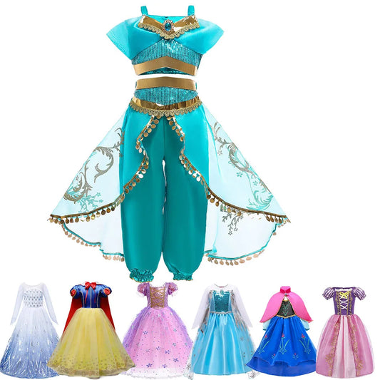 Girls Jasmine Princess Dress Children Elsa Anna Bella Rapunzel Mermaid Costume Kids Snow White Cinderella Aurora Dress