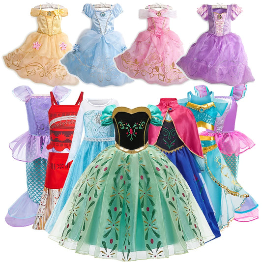 Kids Princess Costume Children Elsa Anna Halloween Dress Girl Jasmine Moana Dinner Dress Rapunzel Mermaid Pageant Disguise 3-10Y