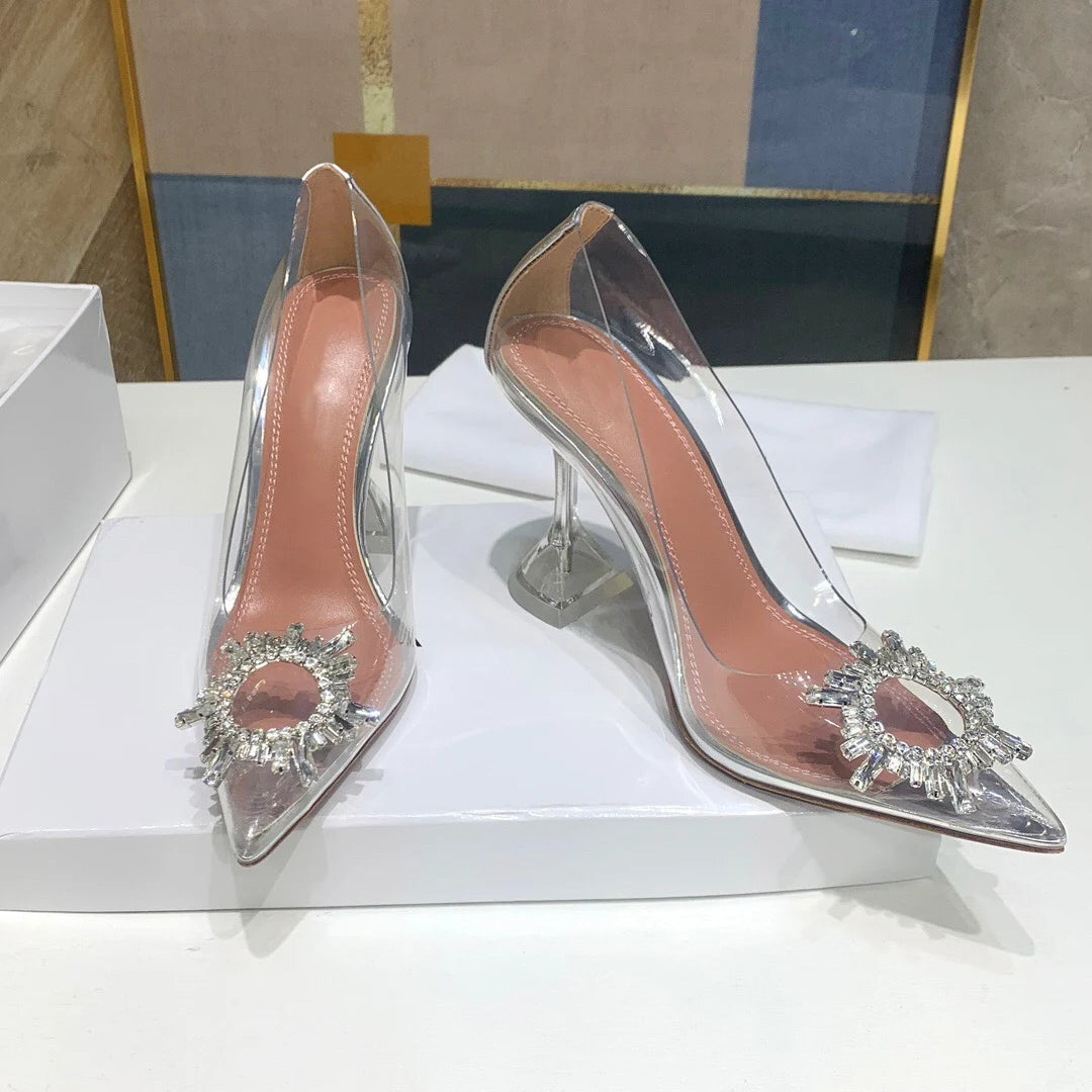 Star style Crystal Sunflower Transparent PVC Women Pumps Luxury Rhinestones High heels Wedding Prom Summer Office Lady Shoes