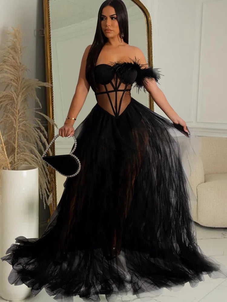 Beyprern Beautiful Ruffles Chffion Party Feather Maxi Dress Elegant Sheer Mesh Corset Long Party Dress Gowns Birthday Outfits