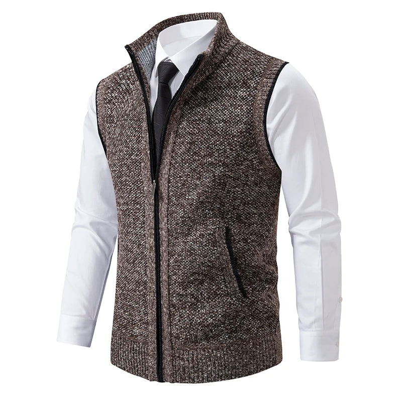 Autumn Winter Knit Vests Men Stand Collar Solid Color Knitted Sleeveless Sweatercoat Man Zipper Vest Cardigan Knitting Waistcoat