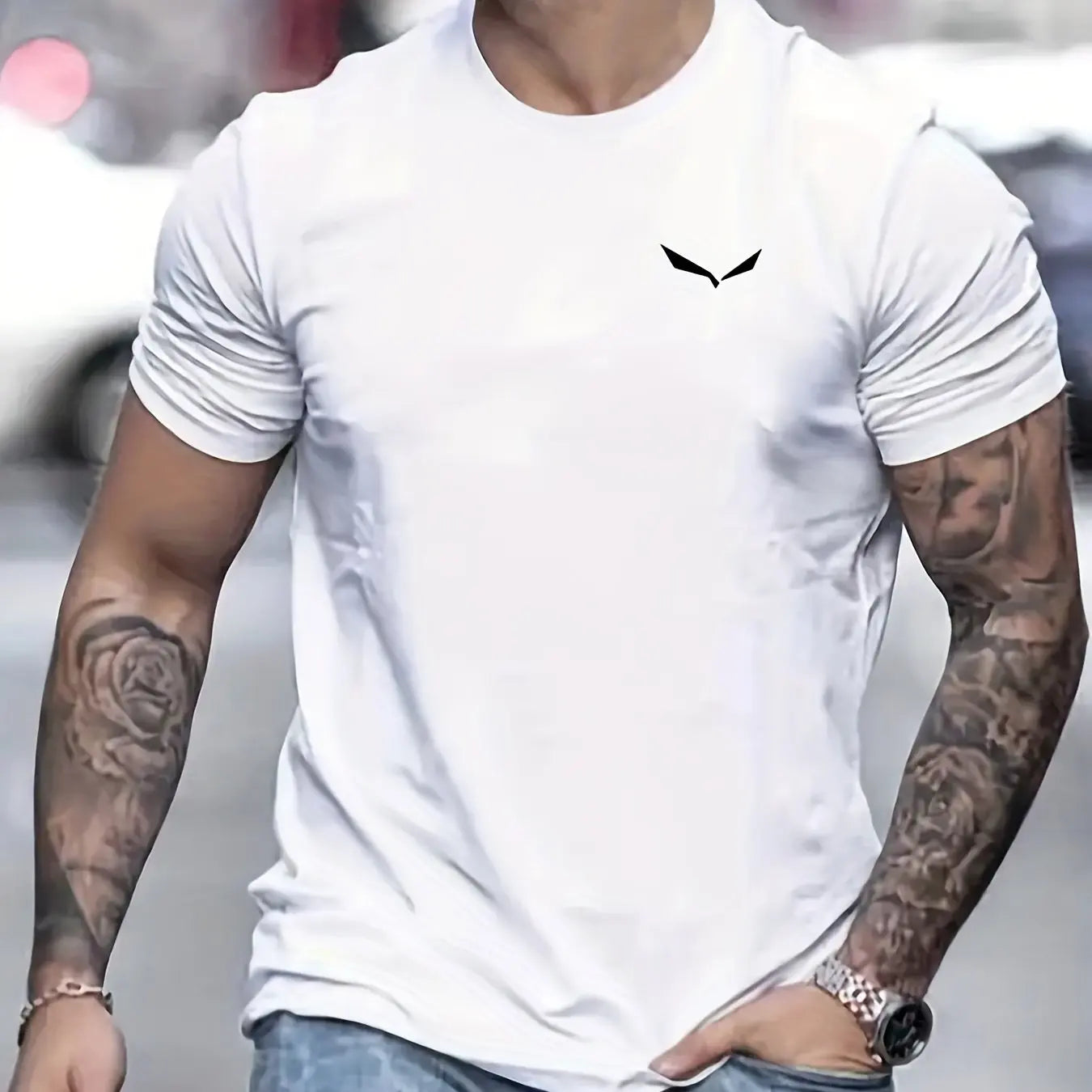 Men's Summer Loose Size 100% Cotton Bird Print Slim Fit Casual Round Neck Short Sleeve T-shirt Top