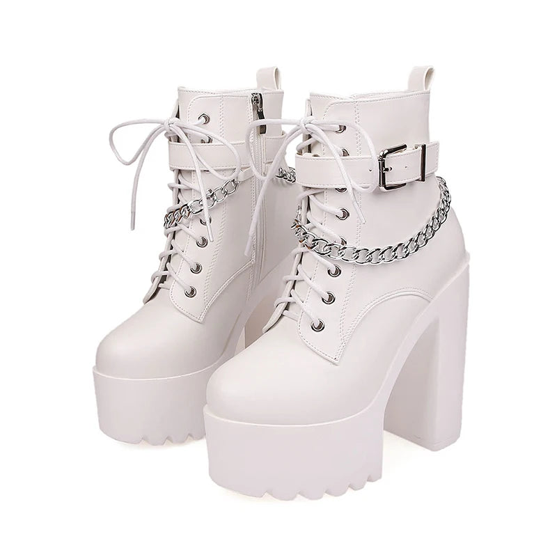 Gdgydh Gothic Buckle Strap Ankle Boots Women Faux Leather Platform Block Chunky Heels Chain Ultra High Heels Motorcycle Boots