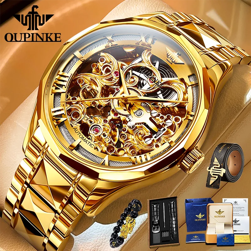 OUPINKE 3168 Luxury Swiss Mechanical Watch – Elegance & Precision in Gold Tungsten Steel!