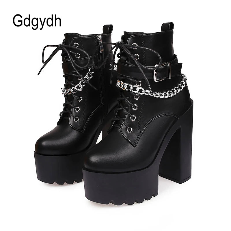 Gdgydh Gothic Buckle Strap Ankle Boots Women Faux Leather Platform Block Chunky Heels Chain Ultra High Heels Motorcycle Boots