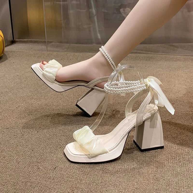 Comfort Shoes for Women Pearl Sandals Suit Female Beige Increasing Height Block Heels All-Match Black Bow 2024 Fashion Chunky Gi