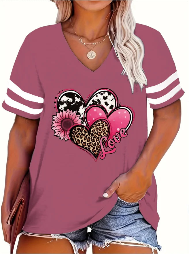 2024 Plus Size Spring/Summer New Love Print Casual Fashion Women's V-Neck Short-Sleeved Loose T-Shirt 5XL  6XL